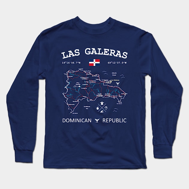 Las Galeras Dominican Republic Flag Travel Map Coordinates GPS Long Sleeve T-Shirt by French Salsa